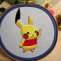 exquisite pikachu in embroidery hoop, intricate, highly detailed, linen and wood backdrop