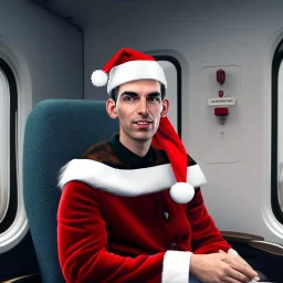 Ari Shapiro wearing a Santa hat and sitting in a Shinkansen in Tokyo