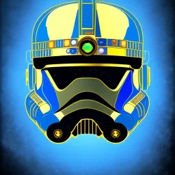 trés beau capitaine galactique, star wars style, avec costumes bleu et or , arrière fond bleu galactique étoilés, casque