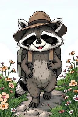 drawing of asmiling raccoon with a backpack and a hat hiking down a trail surrounded by flowers manga style