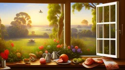 in a romantic artistic style, a view of an australian sunny peaceful landscape outside kitchen window