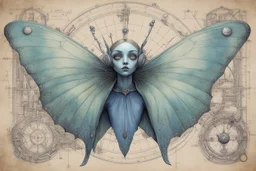 Jean-Baptiste Monge style 19th century hand drawn technical illustration with detailed blueprints and engineering schematics of a walking hybrid Luna moth goth girl, with highly detailed facial features with multi cellular eyes, drawings, and technical notation, 8k, vibrant natural colors,