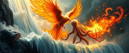 fire smoke and fog and light rays, phoenix jellyfish octopus bird witch in chrome reflective icy waterfall looks beyond really powerful slapping a bird in the face with fire, fantasy illustration, in the style of Rembrandt