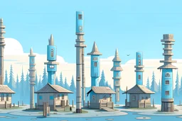 A simple light blue village with Pacific Northwest Totem Poles