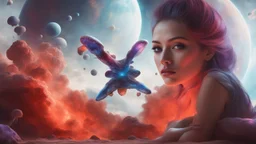 beautiful women sitting withoutt bro, on blue, red, purple mushroom in space, planets at the back ground, space ships, hyper realistic.