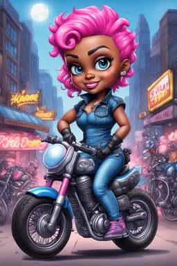 airbrush illustration of the chibi cartoon character, a voluptuous black female in a blue jean outfit with biker boots. Her prominent makeup and hazel eyes, along with her detailed pink pixie haircut, are featured in this image, set against the background of a lively bike show.