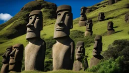 calm beauty, fantasy, magic, splendor, uplifting, inspiring, therapeutic, Easter Island stone statues with faces, some wearing spectacles, some with vegetation beards, mustaches, hair, springtime, sunlight, chiaroscuro, color, award-winning colour photograph, Nikon 135mm, style Disney, style Salvador Dali