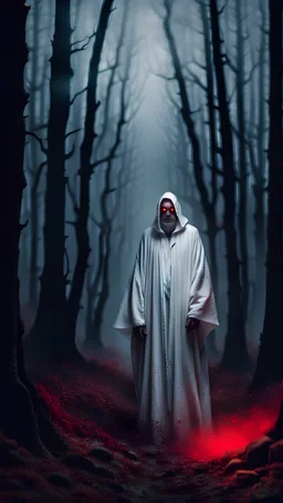 A scary grandfather in white robes stands in the distance with red eyes against the backdrop of a gloomy foggy creepy night forest