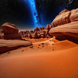 Close-up fantastic mineral constructions and multicolored concretions under a sparkling sky in a desert panorama, reminiscent of the fiery expanses of Mars