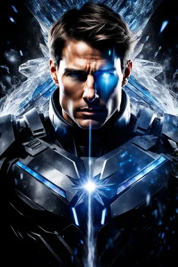 Tom Cruise facial portrait - pitch-black background with a blue glowing overhead spotlight effect, multicolored shards of ice, splashing water, prism effect, mosaic effect, time travel, space voyages, superheroes, moving really fast