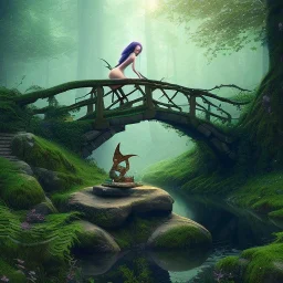 poet with lute, sexy pixie sleeping on rock under wooden bridge in magical forest, spray painting, foliage frame, fantasy art , movie poster, Realistic photography, incredibly detailed, ultra high resolution, 8k, complex 3d render, cinema 4d, color corrected