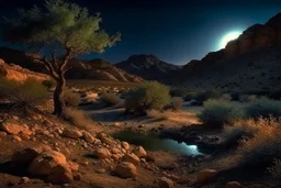 Dry trees, night, arid land, vegetations, rocks, little river, mountains