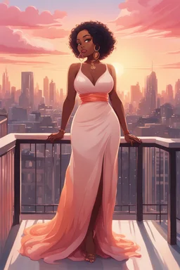 The scene opens onto a serene balcony overlooking a bustling city skyline. The sky above is painted in soft hues of orange and pink as the sun begins its descent, casting a warm glow over everything it touches. In the foreground stands a captivating figure, airbrush chibi cartoon curvy black woman exuding confidence and elegance. She is adorned in a flowing white knit maxi dress that hugs her curves in all the right places, accentuating her silhouette. Her choice of footwear is equally stunning