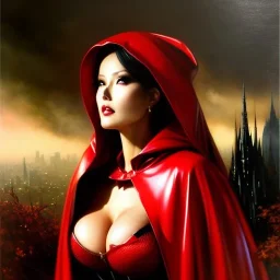 fullbody portrait 'beautiful sexy busty mature Red Riding Hood',wearing black skintight latex suit,hyperrealistic skin,Hyperrealistic Big eyes,painting by gaston bussiere, greg rutkowski, yoji shinkawa, yoshitaka amano, tsutomu nihei, donato giancola, tim hildebrandt, oil on canvas, cinematic composition,sharp image, extreme detail,((fit full head inside picture)),32k