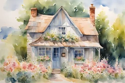 Watercolor painting of a rustic cottage with beautiful pastel flowers, green trees, blue sky, romantic, romanticism, cottagecore