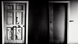 unhinged door, anime, monochrome, black background, ink, simple, maximum quality, broken hinge, barely functioning, why is it still being used it's a health hazard