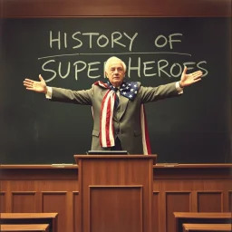 Lgrainy vintage photograph, college lectern hall where a old male Professor in front of the blackboard who has tied an American flag to his neck like a cape and reaching both his arms straight out directly in front of him while leaning forward to pantomime flying, blackboard chalk scrawl reads "HISTORY OF SUPERHEROES", absurdism, profound