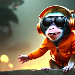 Monkey toddler, smile, steampunk headphone, sunglass, gangsta neckless, full body, orange puffer jacket, tokio background, dramatic lighting, hyper realistic, unreal engine 5, 16k