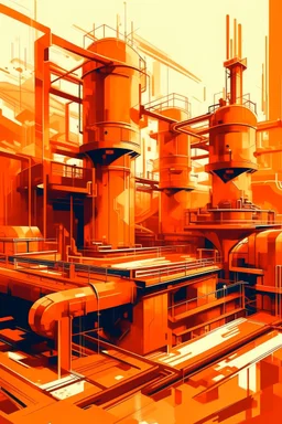 An orange colored mechanical factory with arrows in Impressionism art style