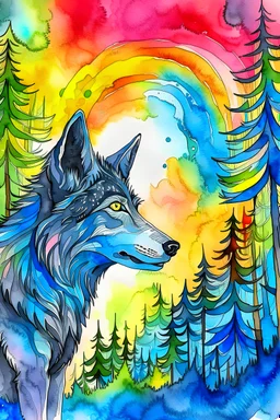 detailed art watercolor and ink of a blue wolf in forest with a rainbow and sunset