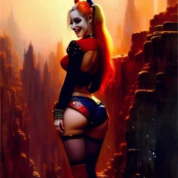 Drawing of beautiful face,'beautiful booty ,Busty Harley Quinn',intense stare, ancient skintight armor, balanciaga fashion clothe painting by gaston bussiere, greg rutkowski, yoji shinkawa, yoshitaka amano, tsutomu nihei, donato giancola, tim hildebrandt, Oil on canvas, cinematic composition, extreme detail,fit full head inside picture,16k