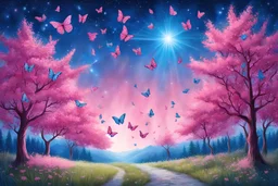 cielo stellato azzurro luminoso e chiaro con farfalle e raggio luminoso verticale in paesaggio alberi rosa