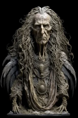 sculpture of handsome old man with long curly hair and an eagle wings in his back, half the f his body , front view . decayed and rotting with grotesque proportions and imagery. abstract grotesqueries, detailed texture, surreal horror, biomechanical design, by hr giger and beksinski
