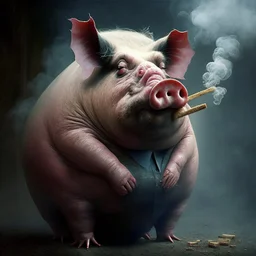 A big pig wearing smoking