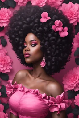 Create an chalk style image of a curvy black female wearing a pink off the shoulder blouse and she is looking down with Prominent makeup. Highly detailed tightly curly black afro. Background of large pink and black flowers surrounding her