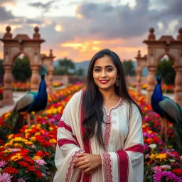 Hyper Realistic Photographic View Of A Beautiful Pashto Woman (With Beautiful Eyes Lips & Nose, & Long Black Hair; Wearing White Frock With Maroon & Purple Stripes & white embroidery) Happily Standing In A Beautiful Colorful Flower Garden With Fancy Stone Arches & Two Peacocks Around Her At Beautiful Cloudy Sunset Showing Dramatic & Cinematic Ambiance."