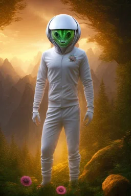 running alien portrait , white jogging suite , in the sunset Alps, golden light , holding leaves and flowers , angels background, volumetric light, high detail, dark leaf tree, dark mountains in background, perfect