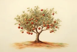 washed color litograph of alone old apple tree on the steep mountain meadow