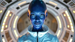 "Artistic photography (((FULL BODY from HEAD to FEET))), enormous almond shape lighted crystal clear eyes, she is dressed in a white shiny jumpsuit she is a gorgeous smiling extra terrestrial woman with indigo purple blue skin with a high elongated skull like a magnum bottle, 40 y/o asian, in her white luminous starship