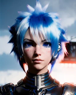 smirking Cyborg anime warrior, light blue hair, short and messy hairstyle, pierced ears, vivid blue eyes, clear complextion, waist up portrait, 8k resolution, intricate details, ornate details, soft lighting, vibrant colors, retroanime, masterpiece, intricate eyeliner, dark eyeshadow, eyes, intricate tattoos, futuristic cityscape background