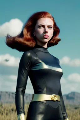 retro portrait image from 1960, sky background, wind, long red hair, fighting stance, sweet young Scarlett Johansson, black dress, classic long tight lycra black suit, gold bracelet and belt, high heel boots, superhero style, soft color, highly detailed, unreal engine 5, ray tracing, RTX, lumen lighting, ultra detail, volumetric lighting, 3d, finely drawn, high definition, high resolution.