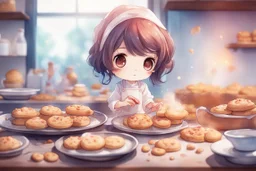 watercolor and ink, cute chibi anime sad girl baking cookies, ethereal, cinematic postprocessing, bokeh, dof