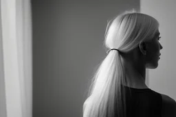 Mujer rubia de espaldas, retrato huge primer plano., iluminada potentemente desde atrás, Imagen en blanco y negro vaporoso, al estilo de la foto del fotógrafo Hugo Alonso.