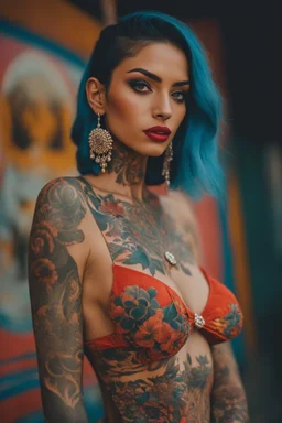 Beautiful Arab woman, petite, short, big eyes and lips, vibrant color, neck tattoo and full sleeves tattoo, thin, tattoos connected, Full coverage chest tatoo, tattoo style complex High quality film grain shot on Nikon Z 85mm by (petra collins|roe ethridge, elllen von unwerth, Jan Saudek)