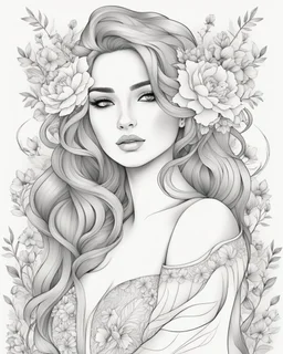 Line art: beautiful, mesmerized drawing skatche for full body girl in her hair nice flowers and in a beautiful flowering dress :: flower tatoos, line art style, drawing