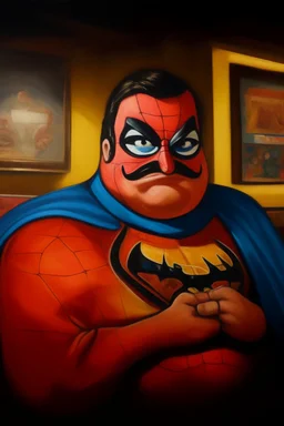 Fat spiderman burguese mustache at the casino oil canvas.