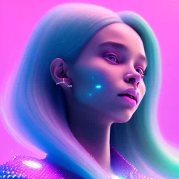 A portrait of a crystalised girl,smiling, longs hairs, atmospheric, realistic, cinematic lighting, octane render, pink turquoise light