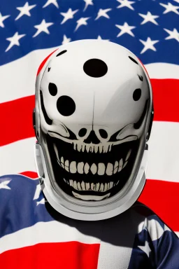 A close up of a skeleton face looking shocked, in an astronaut helmet and suit floating in space. inside the hollow eyes are red shining lights, scary. On his suit is an American flag and in his one hand is a small wavering American flag, on it is written "boned in the USA". From the back of his suit is blowing out blue, white and red smoke. Realistic, 8k, highly detailed, funny