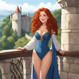 the curly redhead from the medieval world braces on the balcony of the tower of the castle, she wears a swimsuit, the fabric of the high-cut swimsuit has curvy medieval signs, she has a airy veil wrapped around her waist. she smiles, she is the princess of the place