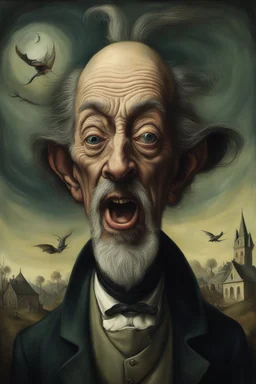 A hauntingly bizarre caricature portrait of a man, in the style of a surreal painting by Bosch nightmares