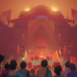 a comic book style illustration of divali celebrations by moebius and makoto shinkai and rossdraws, featured on artstation, pixiv, volumetric lighting, 8 k, highly detailed render, octane render, unreal engine, soft glow, crisp lines, f 1 1, sharp focus