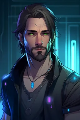 man, 40 years old, brown hair, in anime style with cyberpunk vibes, chemise,