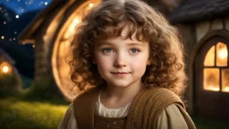 Little very young hobbit girl, beautiful, confident, calm, wise, happy, innocent, facing camera, head and shoulders, curly hair, hobbit clothing, perfect eyes, LOTR village, hobbit homes with circular windows and circular doors, night scene, stars, fireflies, 16k artistic photography, exquisite composition, photorealistic concept art, soft natural volumetric light, chiaroscuro, award-winning photograph, masterpiece, style William-Adolphe Bouguereau