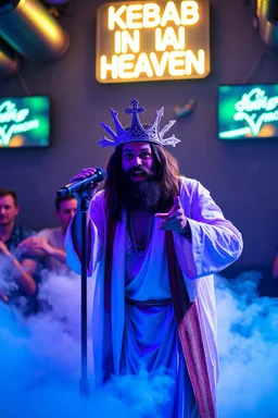 An "Kebab man" performing at dance club, his name is "Kebab man" and looks crazy, Jesus on stage, White and light blue Neon lights and smog, "KEBAB IN HEAVEN" SIGN ON WALL