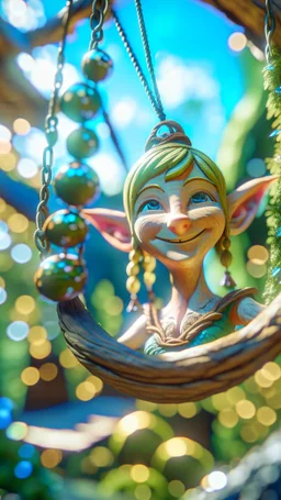 close up face portrait of happy hippie yoga elf princess on a swing inside a boat crystal ball hanging from a tree in the mountain , shot on Hasselblad h6d-400c, zeiss prime lens, bokeh like f/0.8, tilt-shift lens 8k, high detail, smooth render, down-light, unreal engine, prize winning