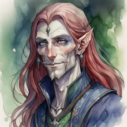 dnd, fantasy, watercolour, large strokes, stylistic, portrait, illustration, dull colours, woman, dark elf, drow, face, narrow long face, weathered face, purple eyes, vicious, smiling, white hair, very long hair streaming down the shoulders, lush hair, elegant, short small mouth, wide smile